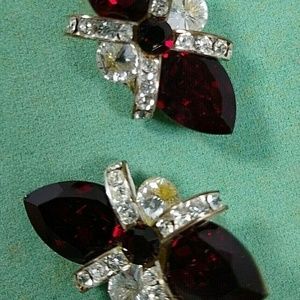Vintage Earrings Big Red Marquis White Rhinestones